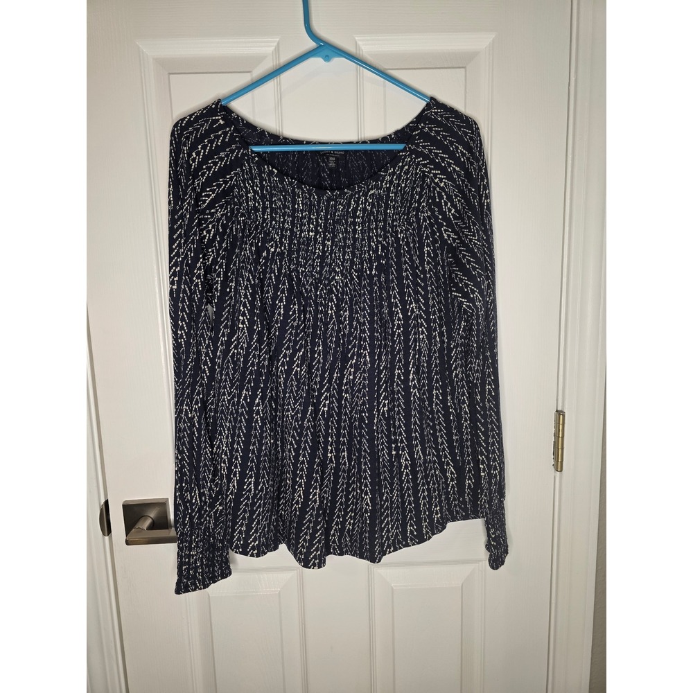Lucky Brand Navy White Geometric Smocked Peasant Top Long Sleeve Size M